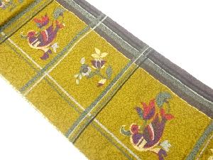 ふくれ織格子に抽象草花・鳥模様全通洒落袋帯